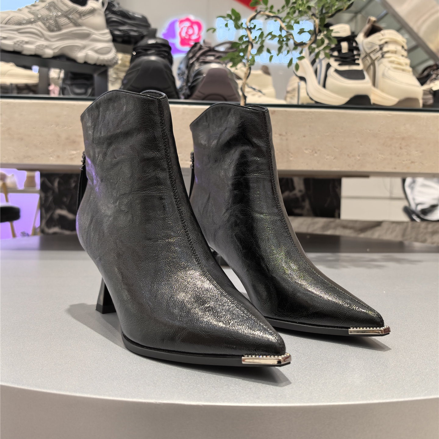 短靴高跟尖头棉靴钎度玫瑰女鞋