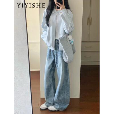 浅蓝色弯刀阔腿牛仔裤女2