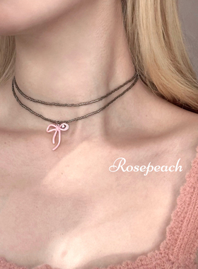 rosepeach「miu系千金」小众少女粉色蝴蝶结叠戴串珠锁骨链项链