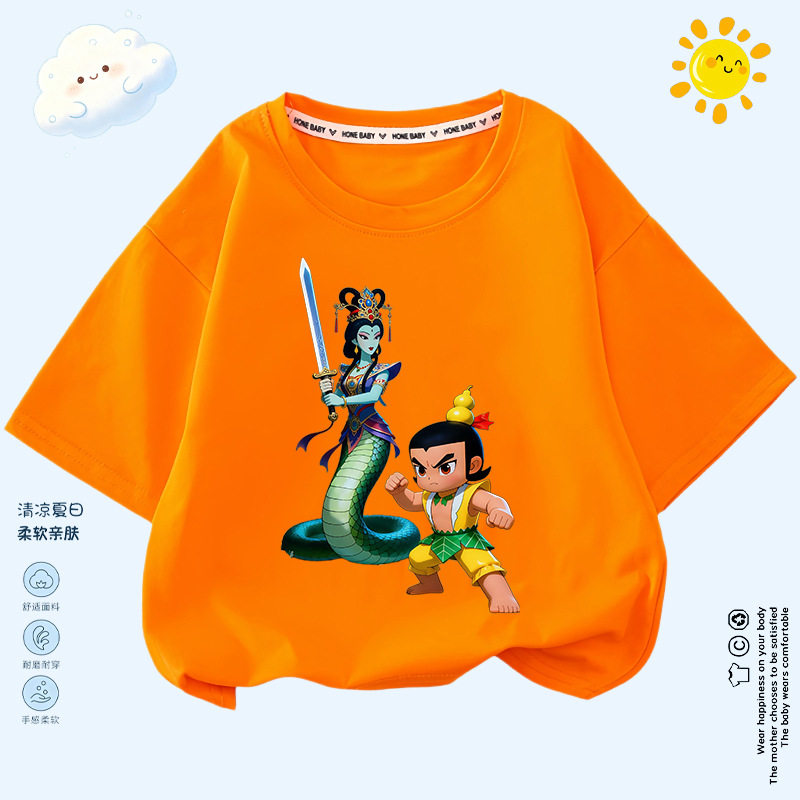 动漫葫芦娃蛇精图案印花六一儿童表演衣服宝宝宽松休闲打底衫夏季