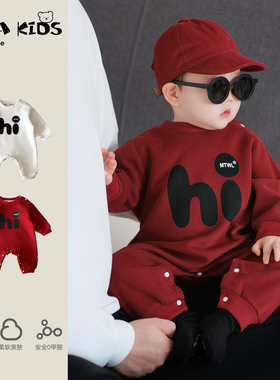 男宝宝连体衣冬装新款婴儿加绒衣服幼儿外出服红色喜庆拜年爬服厚