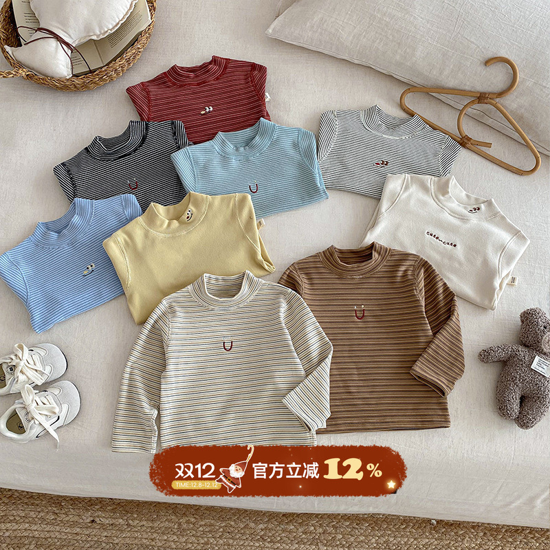 婴儿打底衫冬季加绒宝宝长袖T恤冬装保暖中小儿童德绒半高领上衣