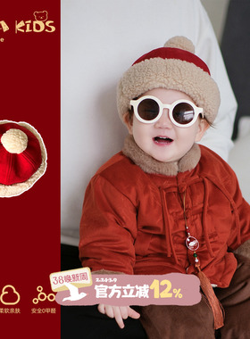 男女宝宝冬季帽子红色喜庆婴幼儿圆顶地主帽加厚保暖儿童护耳帽萌