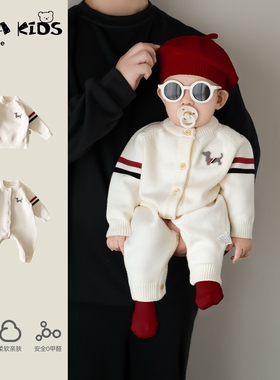 婴儿冬装洋气衣服超萌可爱男宝宝针织连体衣小月龄秋冬哈衣爬爬服