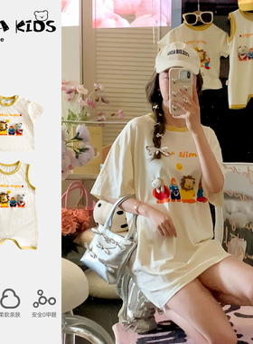 sarakids超萌亲子装一家三口夏季薄款短袖宝宝衣服可爱母女母子装