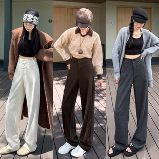毛呢闊腿褲 高腰寬松2025新款 加厚綿羊毛垂感休閑彎刀褲 子 女秋冬季