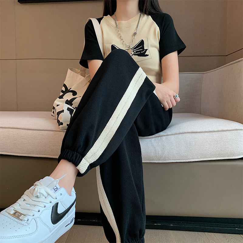运动裤女夏季薄款高腰直筒卫裤2022新款宽松束脚黑色休闲灯笼裤子
