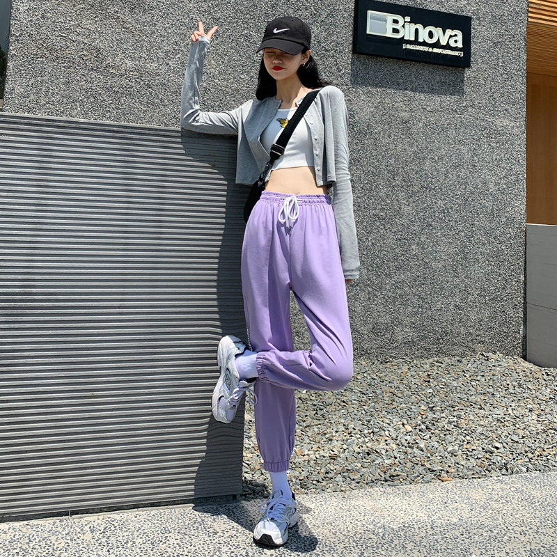 紫色运动裤女宽松束脚秋季夏季薄款显瘦百搭休闲裤小个子灯笼裤子
