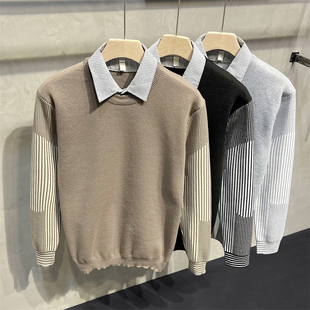 清仓价 秋冬款衬衫领毛衣男修身保暖假两件针织衫休闲内搭毛线衣