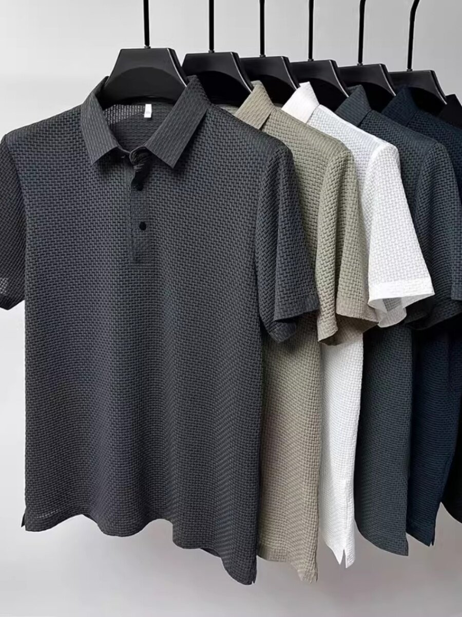 NEW HIGH-END NYLON ICE SILK SHORT SLEEVE T-SHIRT MENS SUMMER THIN MESH BREATHABLE LAPEL SHIRT BUSINESS TOP TRENDY