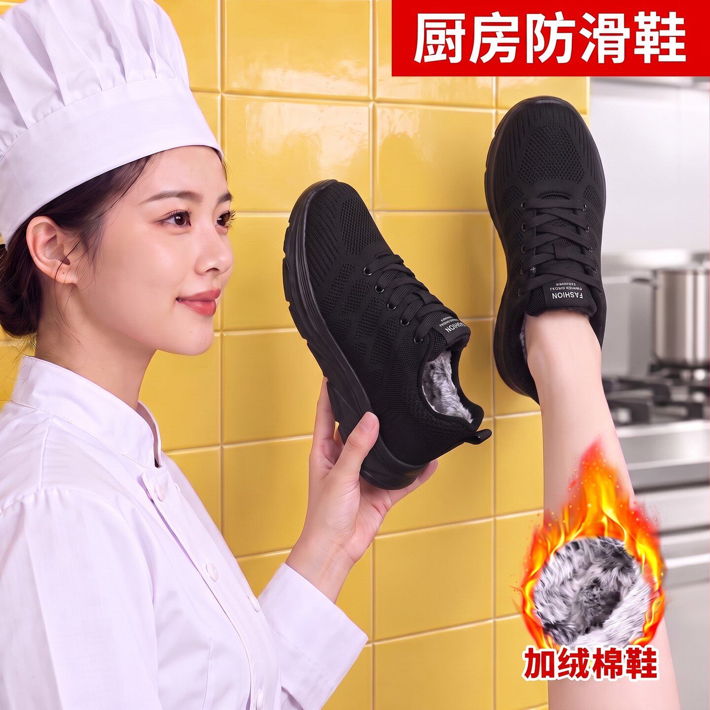 厨房鞋女2026冬新款加绒加厚保暖黑色防滑耐磨久站不累厨师专用鞋