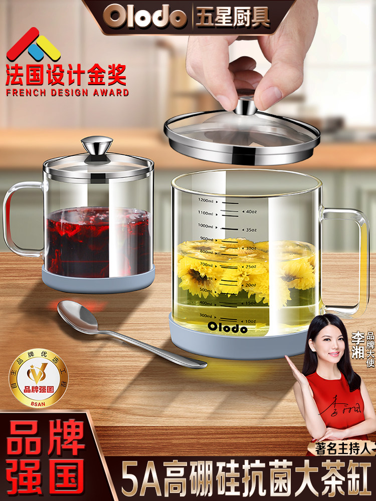 大容量高硼硅玻璃水杯带盖口杯茶缸办公室泡茶耐高温杯子带双刻度