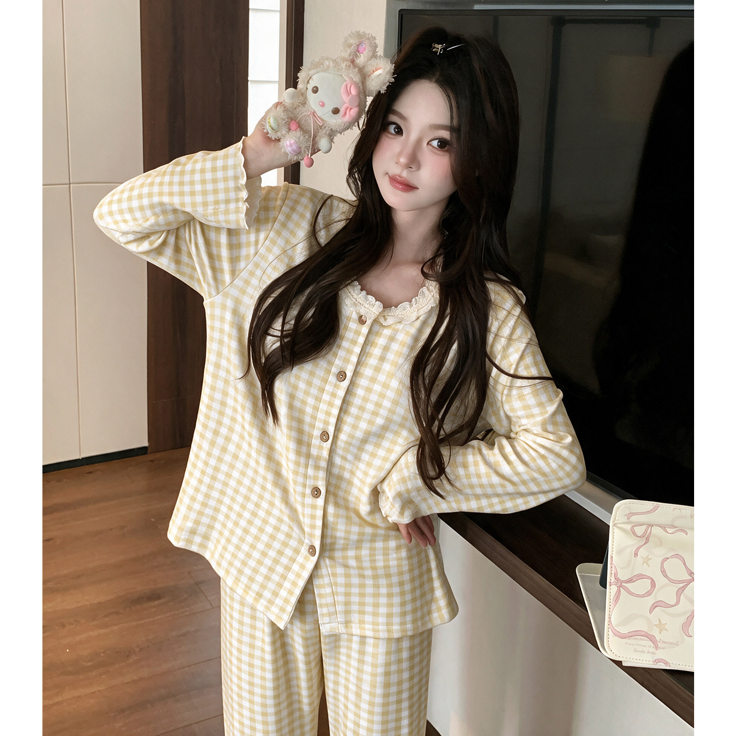 德绒睡衣女加绒薄绒长袖长裤图片