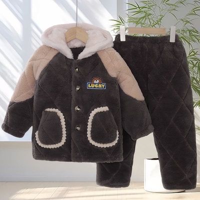 儿童睡衣冬款加绒加厚三层夹棉珊瑚绒保暖超厚男童家居服男孩套装