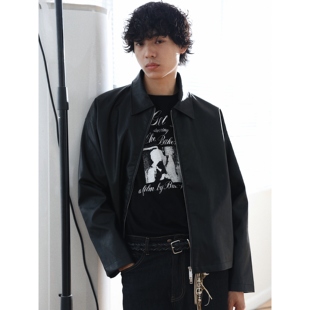 简约利落款 mcxmciii吂司其 黑色pu皮衣夹克 美式 cleanfit短款