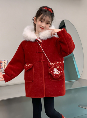 女童外套加绒加厚红色新年大毛领呢大衣冬季2925新款大童装过年服