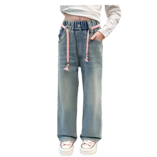 女童牛仔裤2025新款儿童加绒裤子加厚一体绒大童薄绒阔腿裤冬长裤