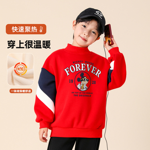 贝田2026新款冬季红色男童加绒卫衣加厚秋冬款儿童保暖一体绒上衣