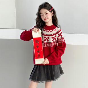 女童毛衣红色上衣儿童新年衣服冬季2025新款加厚女款超好看中大童