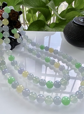 收藏级别，缅甸天然翡翠A货，卡8高冰起胶马卡龙多宝圆珠项链7641