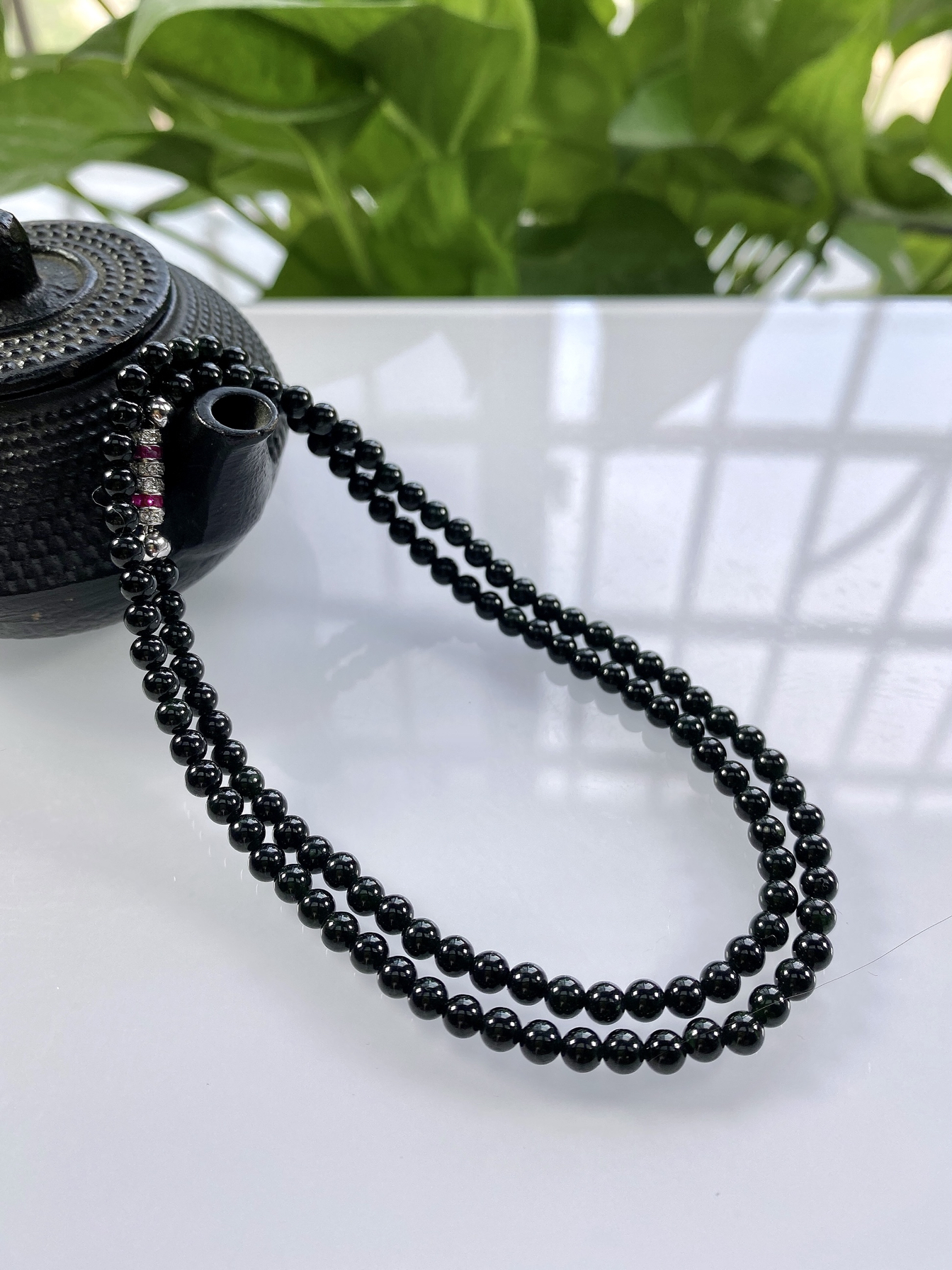 缅甸天然翡翠A货,卡4冰润墨翠小米珠小圆珠锁骨项链1282