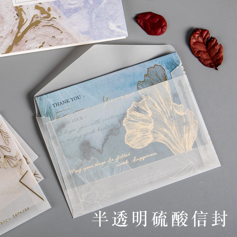 轻奢烫金硫酸纸信封贺卡半透明磨砂明信片ins高级感手写信复古高档生日留言祝福卡邀请函请柬通用折叠小卡片