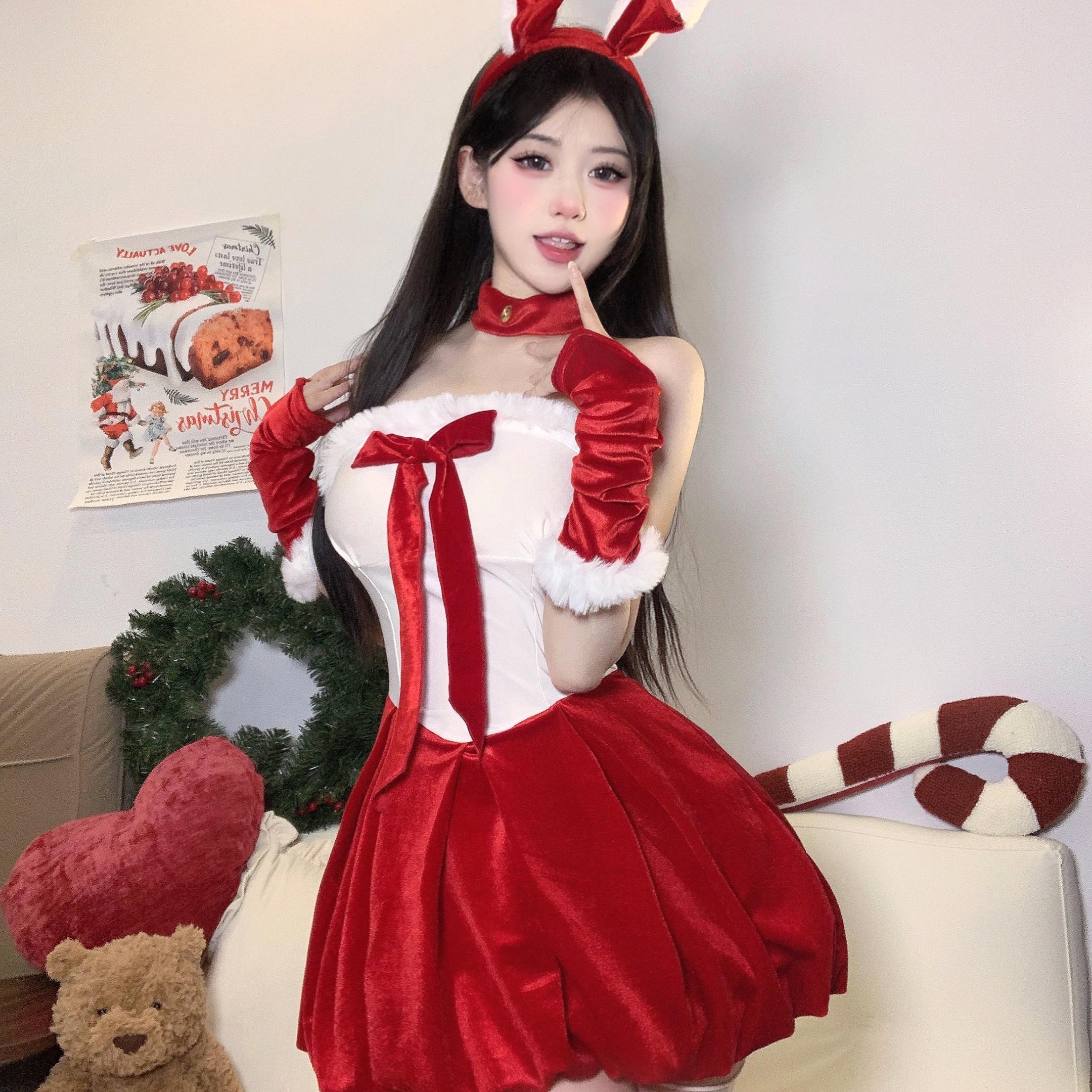 圣诞节制服cosplay兔女郎套装纯欲露肩抹胸万圣节派对兔子舞台装