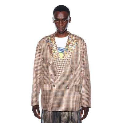 现货授权TOLQ Collarless Double Jacket 无领格纹印花夹克26SS