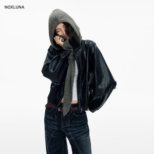 NOXLUNA新款复古立领廓形短款皮夹克外套女