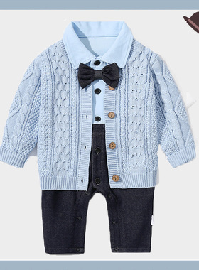 婴儿爬服秋冬长袖绅士背带连体衣男孩帅气百日服宝宝周岁连体衣服