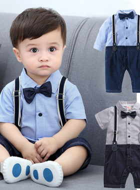 男宝宝短袖绅士连体衣夏季婴儿外出服薄款百天周岁礼服装爬服满月