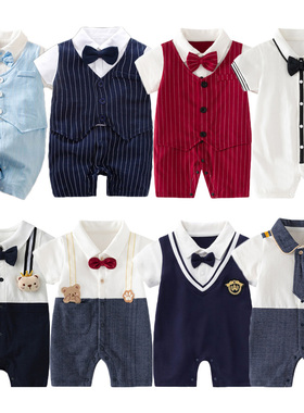 婴儿夏装男宝宝连体衣服纯棉百天满月新生儿哈衣一周岁小西装西服