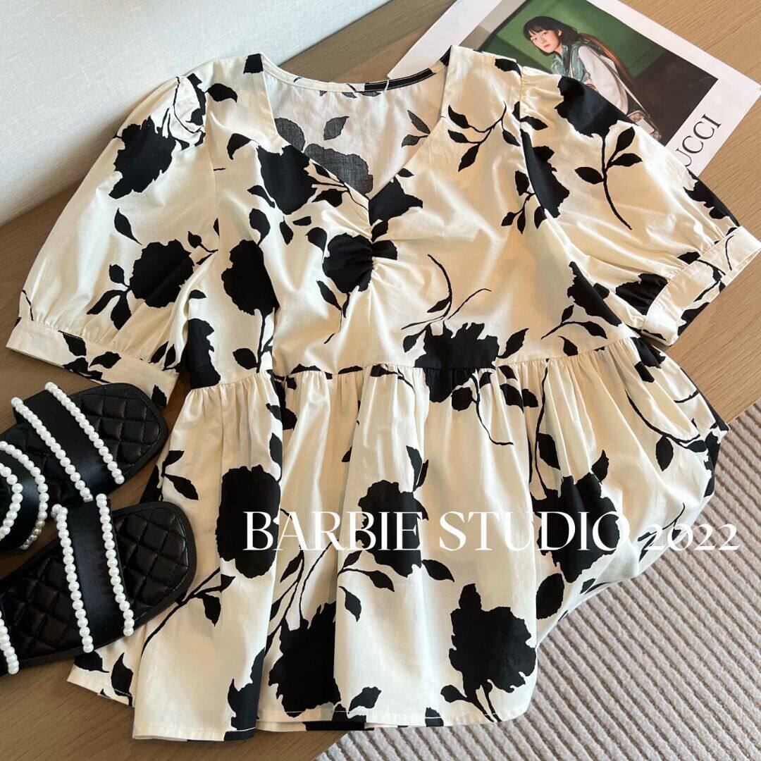 여름 새 스타일 꽃 퍼프 슬리브 느슨한 덮음 배꼽 산후 모유 수유 셔츠 반팔 뜨거운 엄마 모유 수유 탑