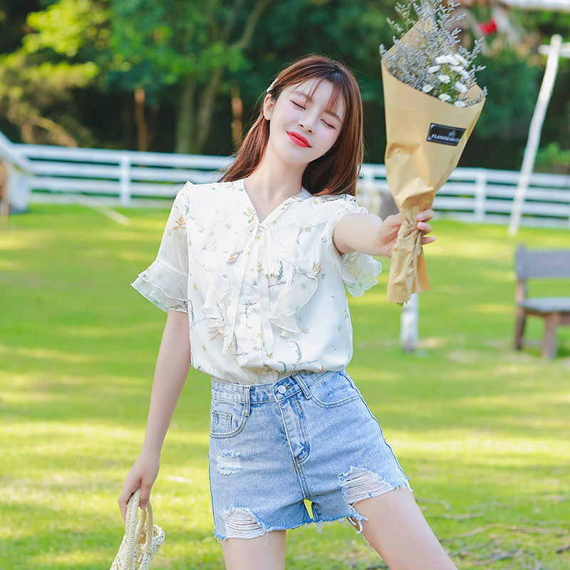 여름 새 스타일 꽃 복고풍 쉬폰 산후 간호 셔츠 세련된 핫 엄마 스타일 반팔 나들이 간호 셔츠 탑