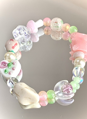 梦境花园｜原创小众设计粉绿清新可爱兔子花朵蘑菇月亮串珠手链