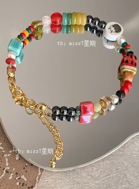 旧时光｜原创小众设计清新可爱ins复古简约秘鲁珠西瓜冰串珠手链