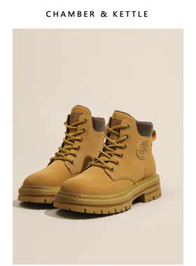 2025新款春秋登山厚底踢不烂真皮马丁靴男女靴大头短靴系带大黄靴