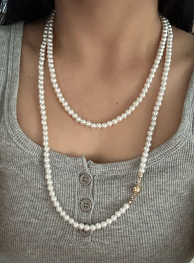 气质多层叠戴磁吸扣珍珠项链长款