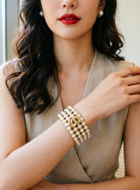 欧美轻奢复古小香风数字5双面珍珠开口手镯时尚名媛风高级感手环