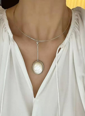 高级感珠光白贝母吊坠素圈项圈