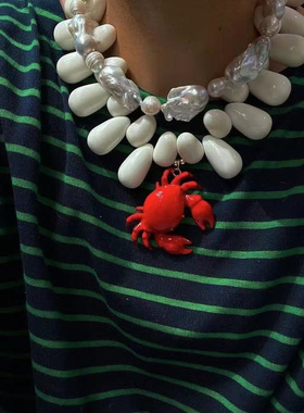 欧美新款海洋风白色水滴串珠红螃蟹锁骨颈链 个性动物吊坠项链女