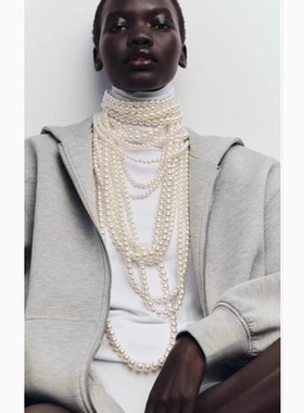 多层串珠长款仿珍珠项链