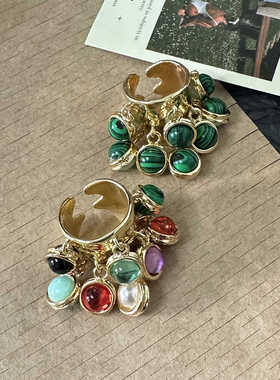 孔雀石高级流苏开口戒指小众设计