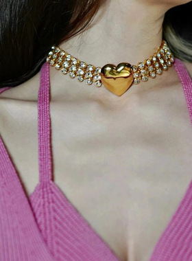 三排闪钻镜面大爱心项链