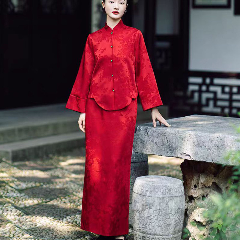 新中式晨袍女新娘红色立领长袖改良旗袍套装婚礼敬酒服礼服连衣裙