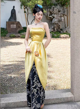 新中式晨拍礼服女新娘复古风抹胸晚礼服黄色高级感轻奢设计敬酒服