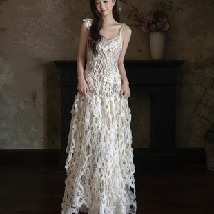 晨拍礼服女新娘法式高级感浪漫风蕾丝吊带长裙仙气礼服晨袍敬酒服