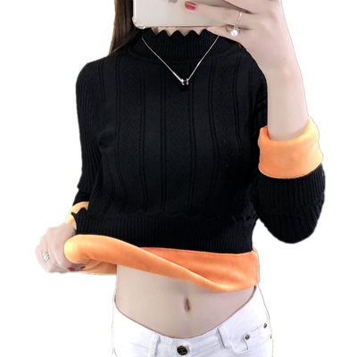 加绒加厚黑色打底衫短款保暖毛衣