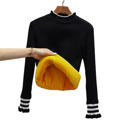 加绒加厚黑色修身风短款保暖毛衣