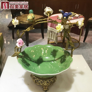 饰品设计师瓷 饰果碗客厅玄关家用花鸟陶瓷配铜软装 果盘茶几装 欧式